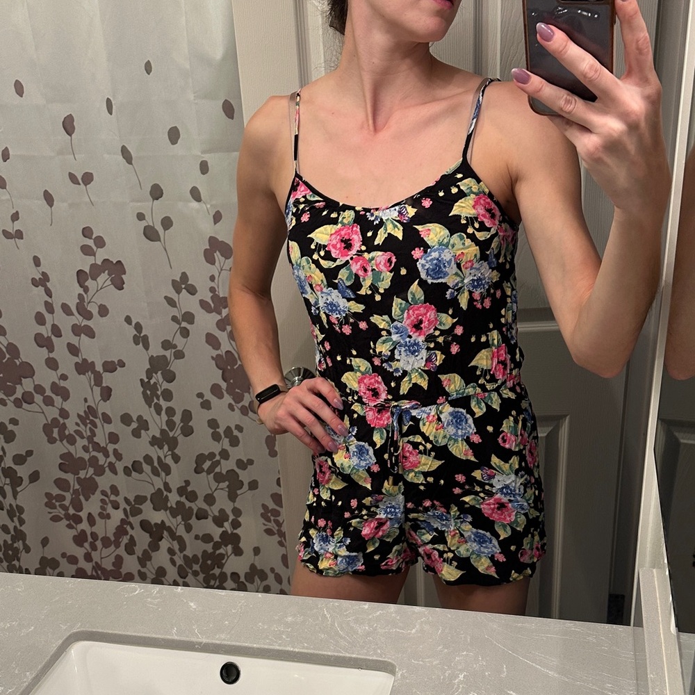 H & M Floral Print Women's Romper - Black with Multicolor Flowers